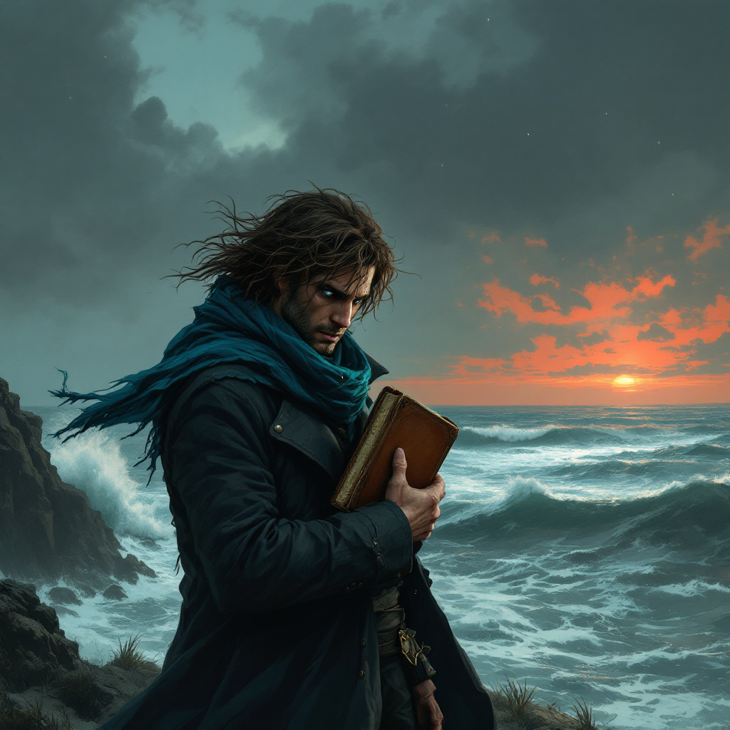 A solitary man stands on a rugged shoreline, clutching a book, gazing pensively at a turbulent sea under a dramatic sky, embodying the struggle between truth and self-deception.