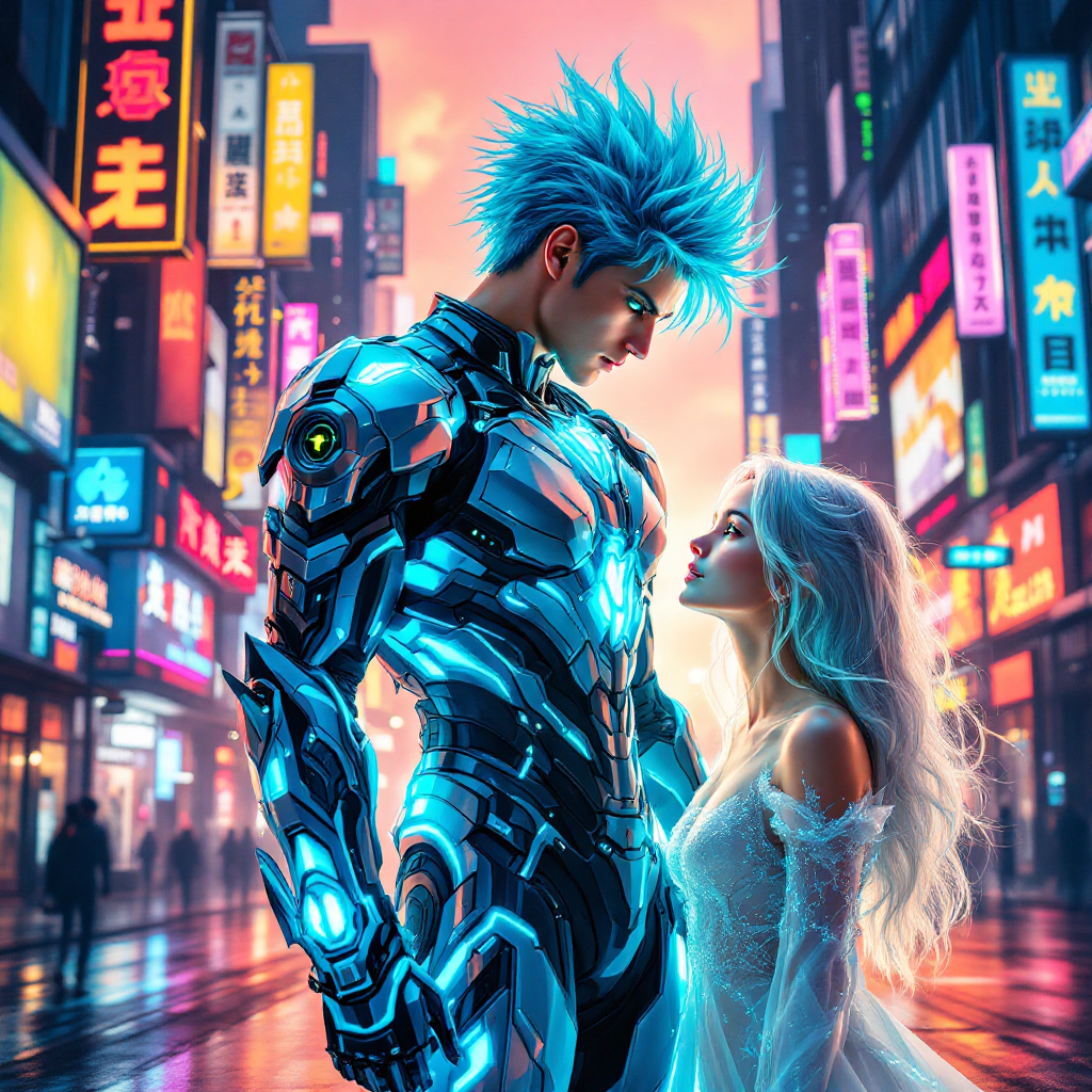 A futuristic scene captures a glowing, armored figure with blue hair gazing tenderly at a woman with white hair, all amidst a vibrant city backdrop, embodying the essence of sun and moon.