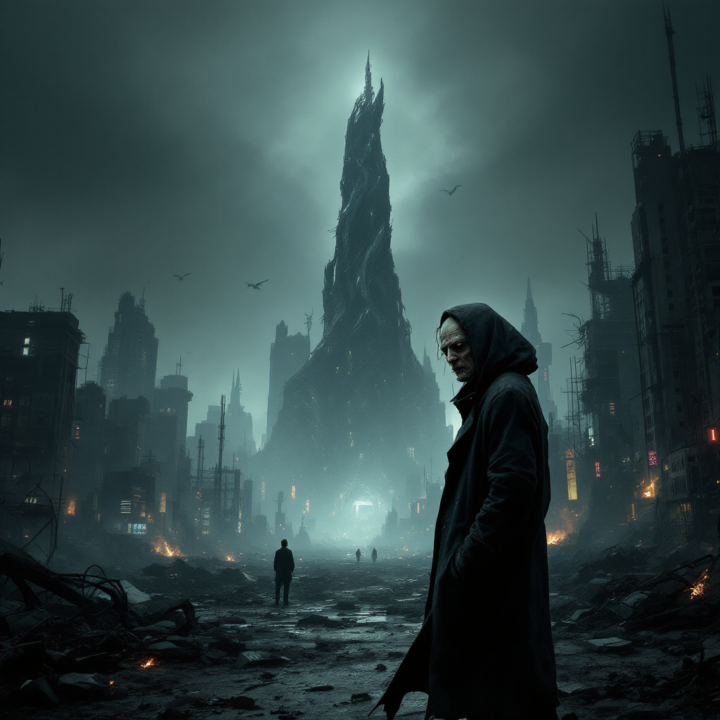 A solitary figure in a dark hood stands amidst a desolate, ruined landscape, with a towering, ominous spire looming in the background, reflecting the theme of life's failures.