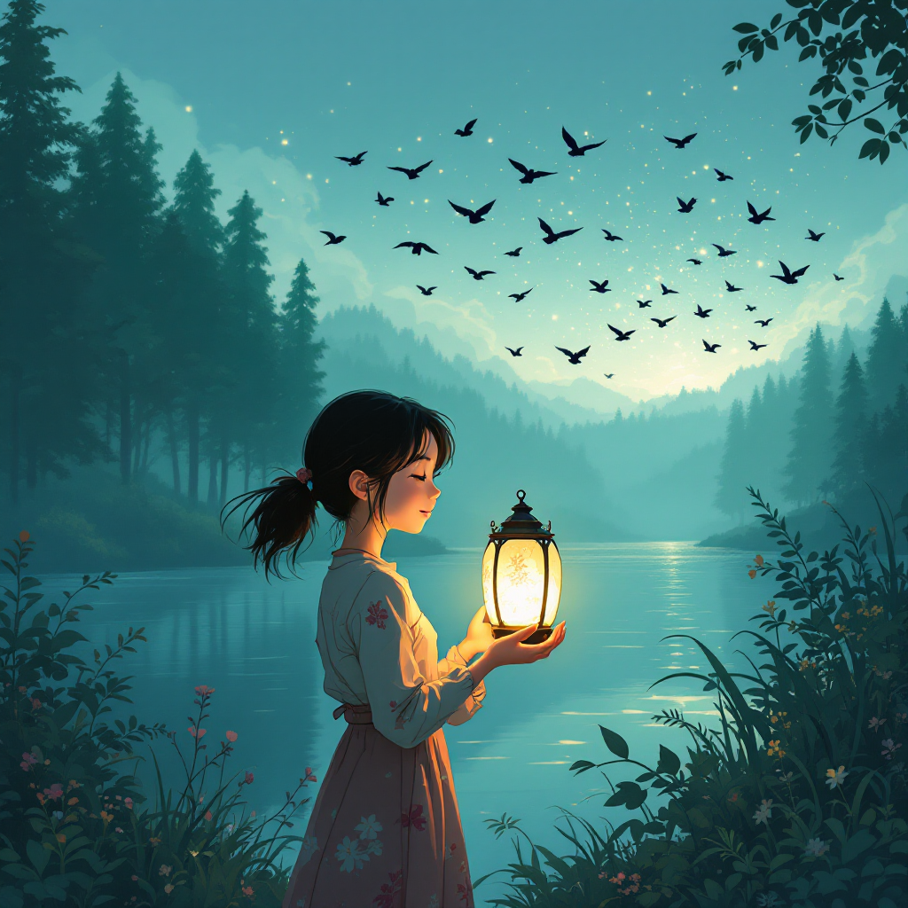 A girl stands by a serene river at twilight, holding a glowing lantern. Bats flutter overhead, surrounded by lush trees, symbolizing unity and shared humanity in a tranquil scene.