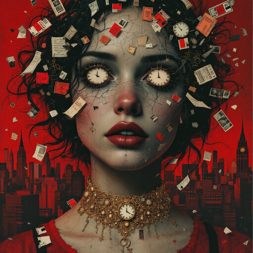 A woman with striking features and wide eyes surrounded by floating clocks, torn papers, and a vibrant red background, evoking the idea of being shaped by loss and memories.