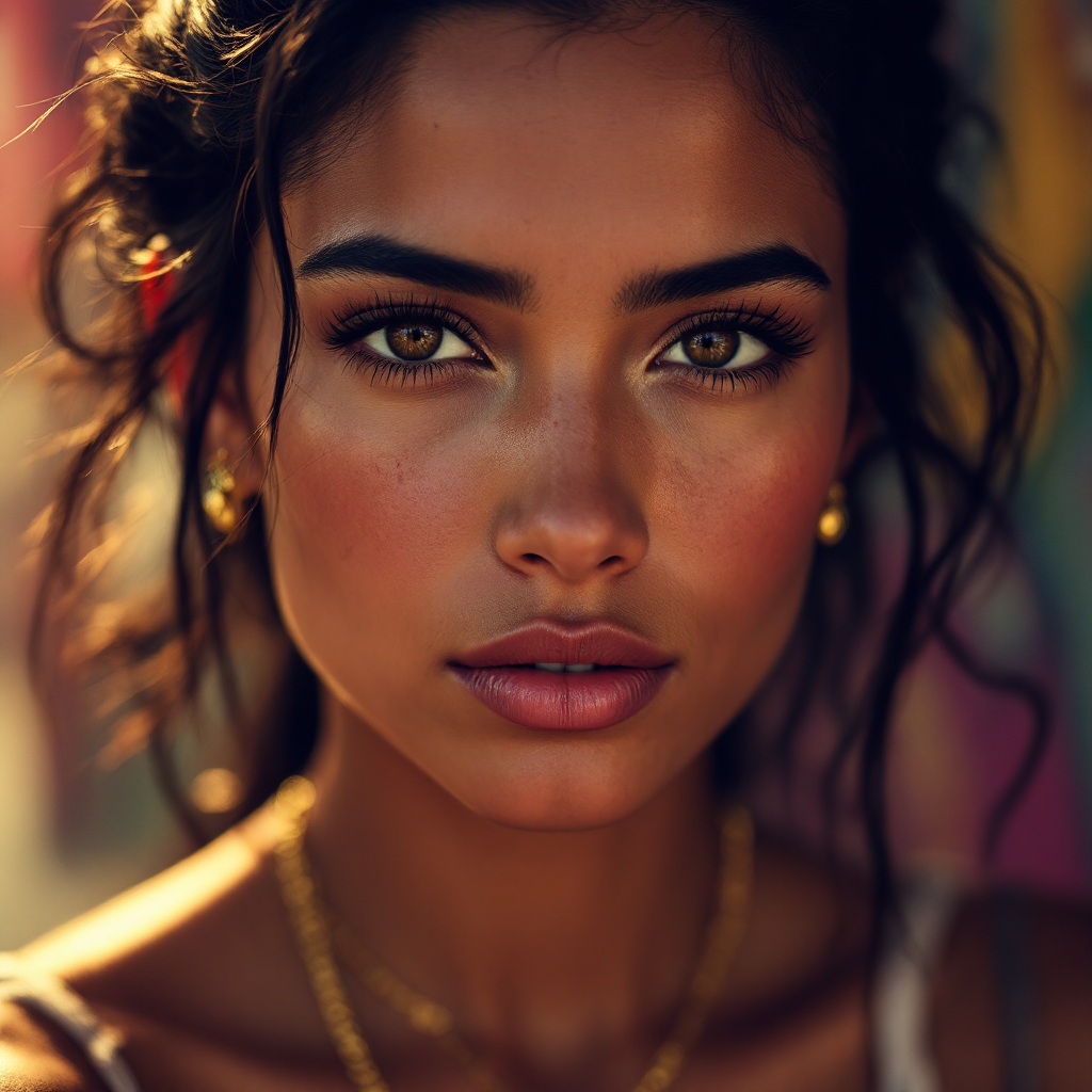 A close-up portrait of a young woman with warm brown skin, striking green eyes, and wavy hair, embodying strength and the deep history carried by the Dominican identity.