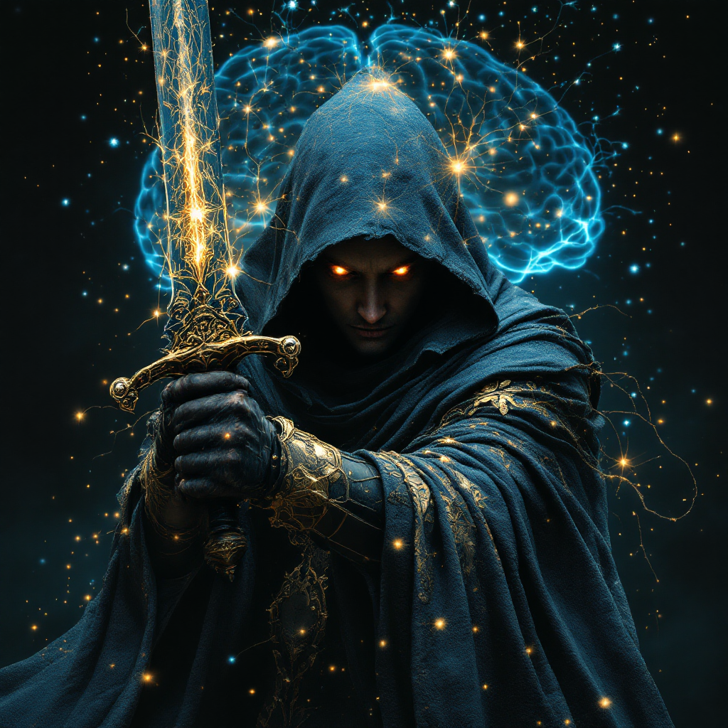 A cloaked figure with glowing eyes wields a sword, surrounded by an illuminated brain and cosmic sparkles, embodying the quote: Knowledge is a weapon, and understanding is its blade.