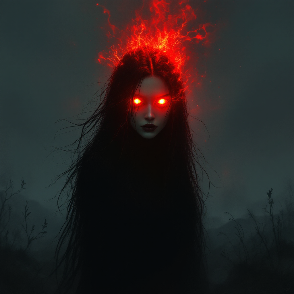 A dark, ethereal figure with long, flowing black hair and glowing red eyes emerges from a shadowy landscape, embodying the haunting sentiment, I will find you again, wherever you are.