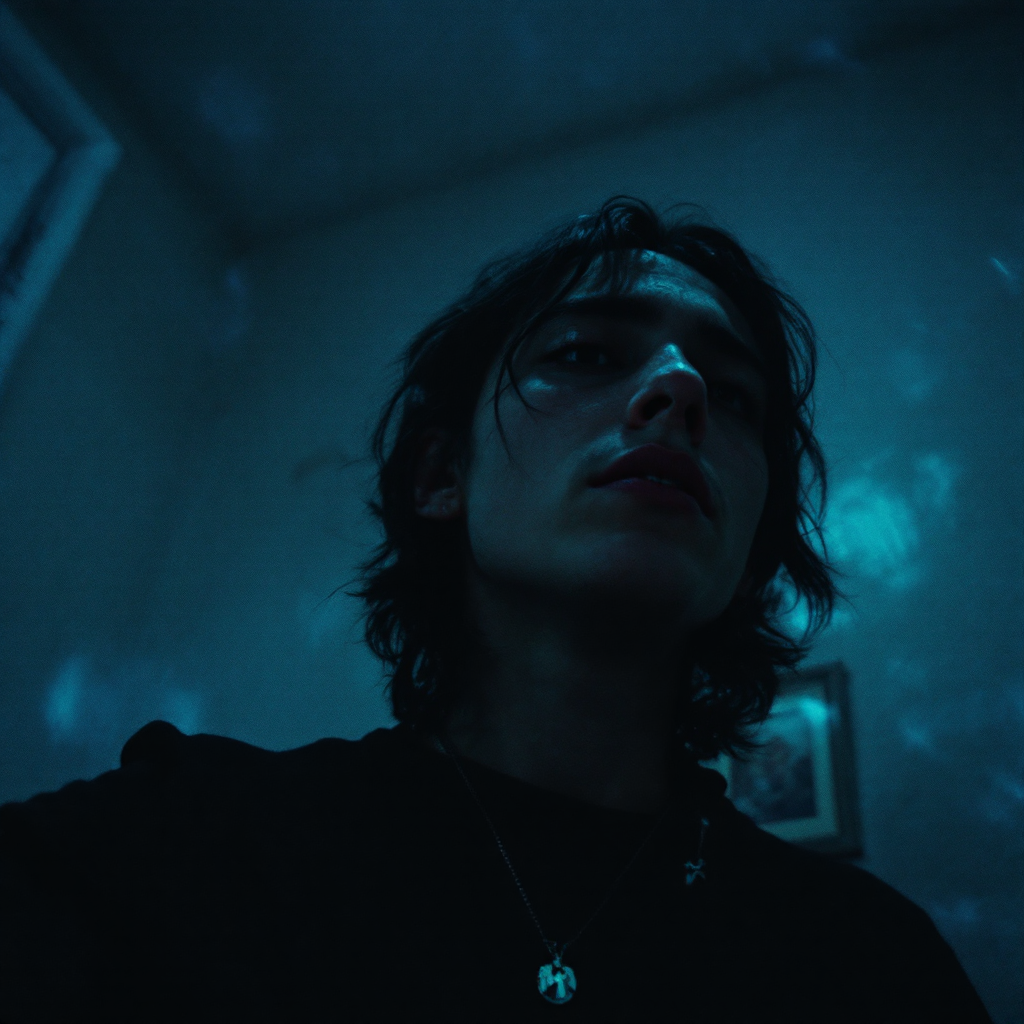 A contemplative figure with tousled hair gazes upwards in a dimly lit room, blue hues reflecting off the walls, evoking themes of misunderstanding and unfulfilled emotions.