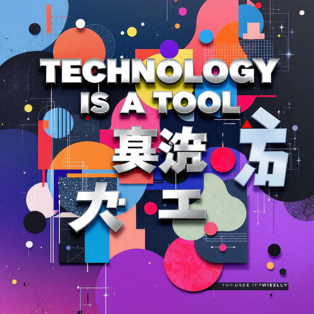 A vibrant digital collage featuring the text Technology is a Tool in bold typography, surrounded by colorful geometric shapes and patterns, embodying creativity and innovation.