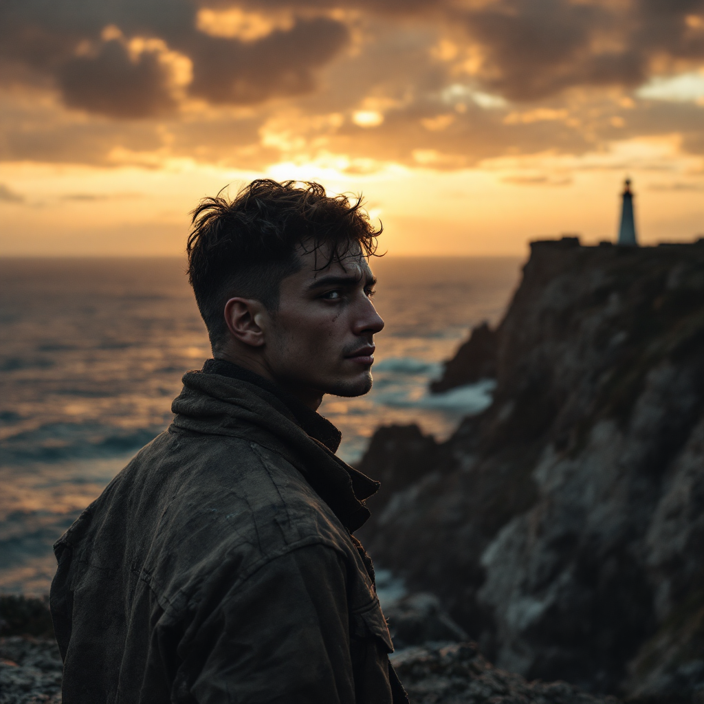 A young man stands on a rocky coast, gazing towards the horizon at sunset, with a lighthouse in the distance, embodying the idea that freedom often comes at a personal cost.