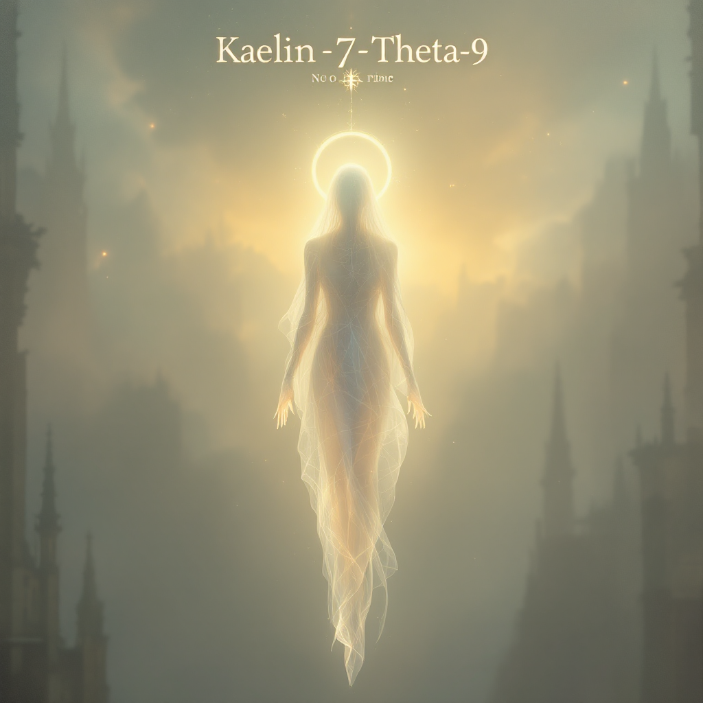Ethereal humanoid figure glowing softly, suspended in a misty, otherworldly landscape, with the name Kaelin-7-Theta-9 hovering above.