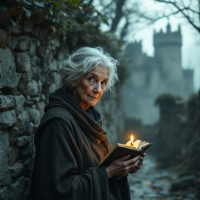 An elderly woman stands by a stone wall, holding an open book with a candle flickering on its pages. A misty castle looms in the background, symbolizing lessons learned from the past.