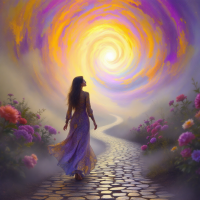 A woman in a flowing dress walks along a winding path surrounded by vibrant flowers, approaching a swirling, colorful light, reflecting the quote about truth and experience.