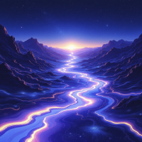 A serene landscape features a winding river illuminated by a glowing sunset, set against majestic mountains, embodying the journey of becoming and the unfolding of the unknown.