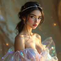 A young woman with long, flowing hair and delicate jewelry gazes confidently, dressed in a shimmering, ethereal gown that captures light, embodying grace and self-worth.