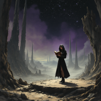 A figure in a long cloak stands on a rocky landscape under a starry sky, reading a book. The scene evokes contemplation on the quote about divine mercy and human belief.