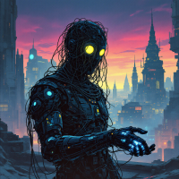 A futuristic figure with glowing yellow eyes and intricate wiring stands in a desolate cityscape at sunset, embodying the essence of discontent and search for meaning.