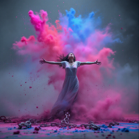 A woman in a flowing dress stands with arms outstretched amid vibrant clouds of pink and blue powder, symbolizing liberation from shackles and the power to break free from choices.