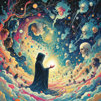 A cloaked figure holds a glowing orb, surrounded by ethereal faces and swirling cosmic elements, symbolizing the interconnectedness of thoughts across time and space.