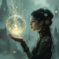 A contemplative woman adorned in intricate, steampunk-inspired attire gazes at a glowing, ethereal sphere, embodying the sentiment that wanting something too much can be perilous.