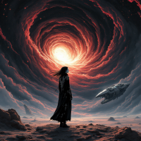 A figure in a dark cloak stands on a barren landscape, gazing into a swirling cosmic vortex of red and orange light, symbolizing growth and opportunity amidst challenges.