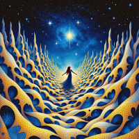 A figure in a flowing dress stands amid vibrant, swirling patterns of blue and gold, gazing upward at a bright star in the vast, cosmic background, embodying the essence of destiny.