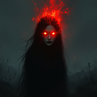 A dark, ethereal figure with long, flowing black hair and glowing red eyes emerges from a shadowy landscape, embodying the haunting sentiment, I will find you again, wherever you are.