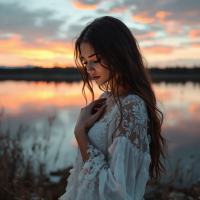 A young woman in a flowing white dress stands pensively by a reflective lake at sunset, embodying the yearning to be seen and known amid a vibrant sky.