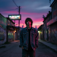 A young person stands alone in a graffiti-covered alley at dusk, bathed in vibrant purple and pink hues, embodying the freedom and solitude described in the quote about being lost.