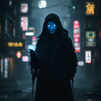 A figure in a dark hooded cloak, with glowing blue eyes, stands in a misty urban setting filled with neon signs, reflecting the quote about women's history and anonymity.