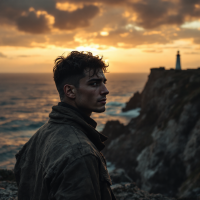 A young man stands on a rocky coast, gazing towards the horizon at sunset, with a lighthouse in the distance, embodying the idea that freedom often comes at a personal cost.