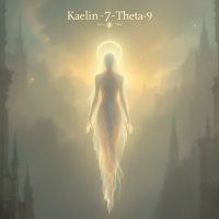 Ethereal humanoid figure glowing softly, suspended in a misty, otherworldly landscape, with the name Kaelin-7-Theta-9 hovering above.