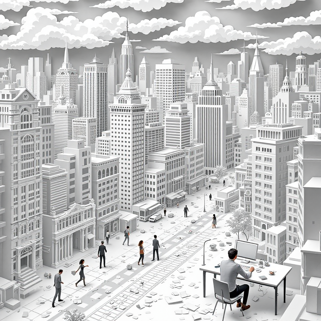 A grayscale cityscape depicts a bustling urban environment, with skyscrapers, streets, and people, reflecting the transition from nomadic to sedentary lifestyles in human history.