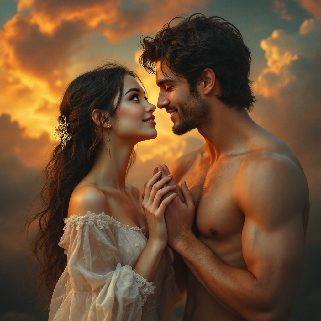 A couple gazes tenderly at each other against a dramatic sunset, embodying the quote, Love is the one thing that makes us more than just the sum of our parts.