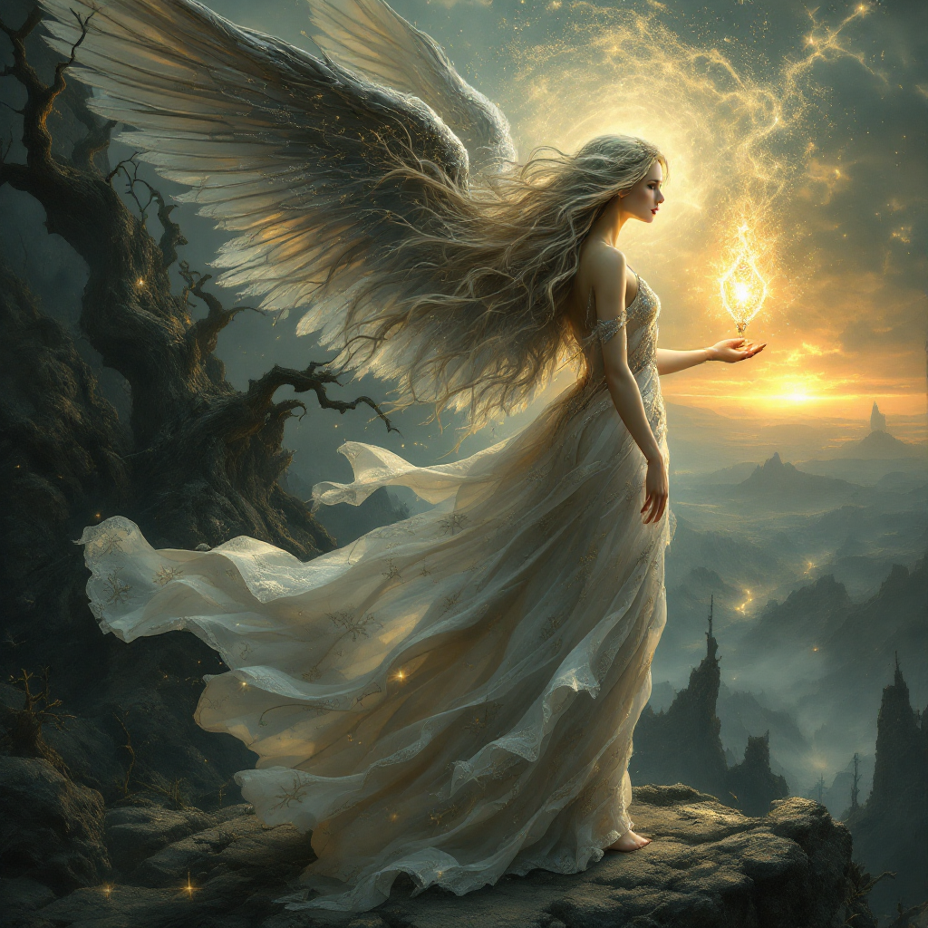 A serene angelic figure stands on a rocky precipice, holding a glowing light in one hand, symbolizing hope amidst a dark, tumultuous landscape, embodying the essence of resilience against despair.