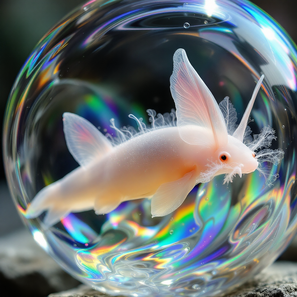 A translucent creature with a triangular, rose-colored dorsal fin and a slug-like body swims gracefully inside a shimmering, transparent globe.