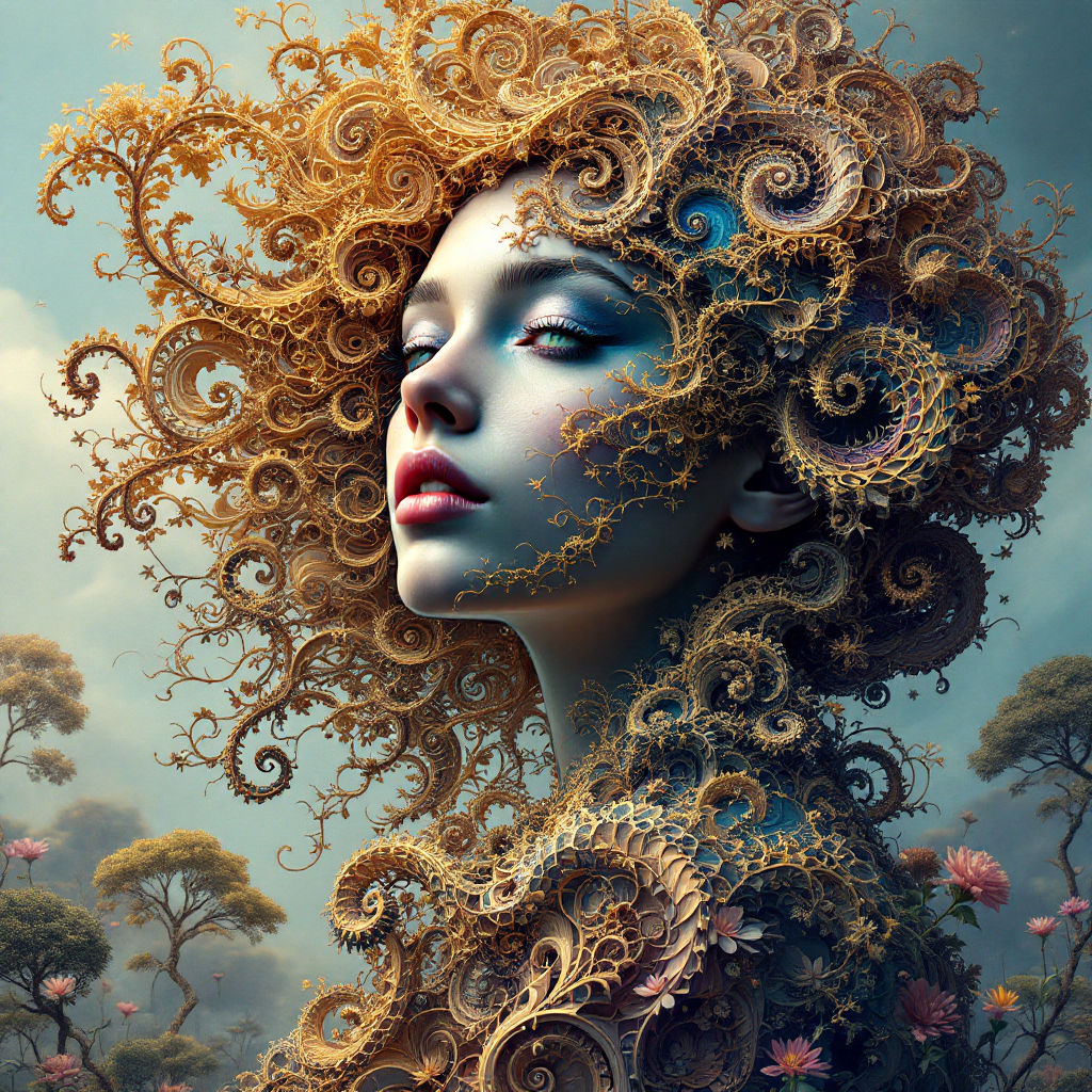 A surreal portrait of a woman with intricate, golden spiral-patterned hair, embodying the quote I don’t want to be a burden. I want to be a person, against a dreamy, natural backdrop.