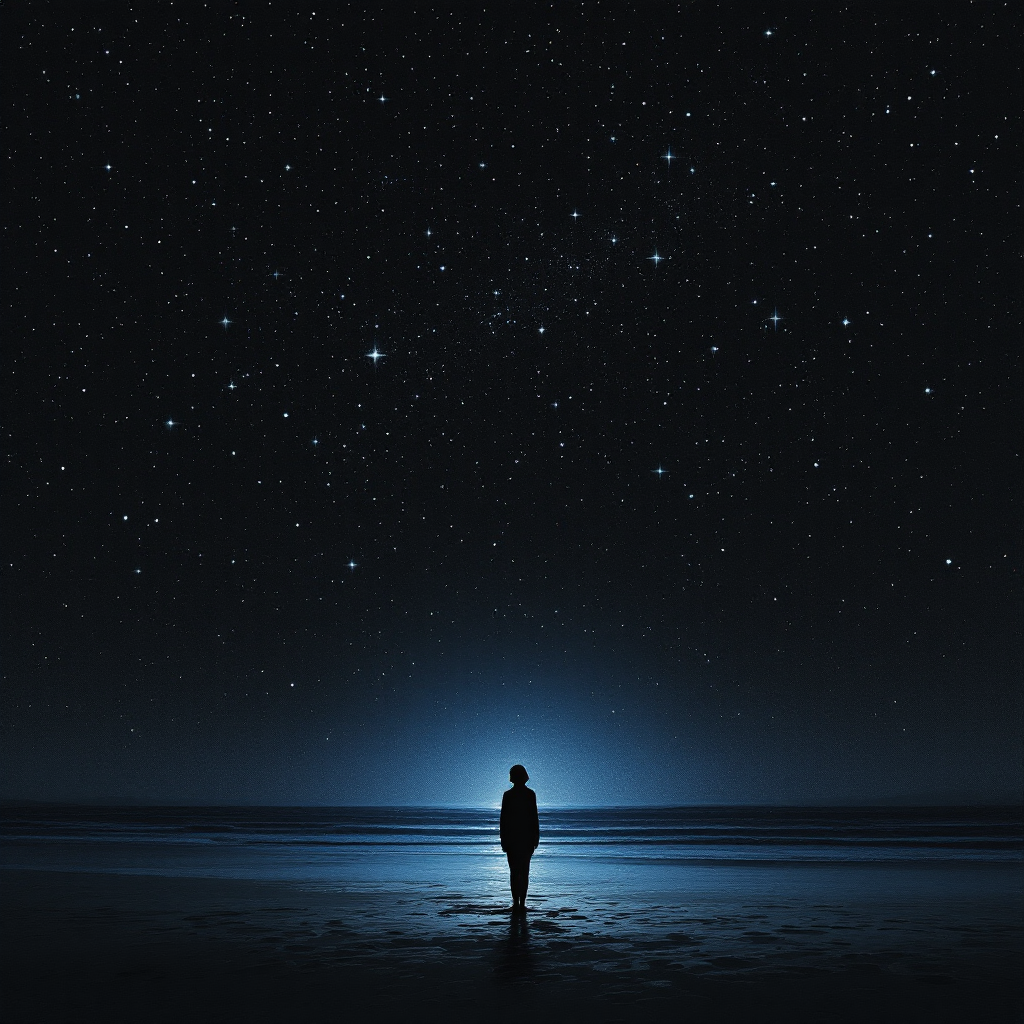 A silhouetted figure stands on a beach under a star-filled sky, embodying the quote, The darker the night, the brighter the stars, with a serene glow illuminating the scene.