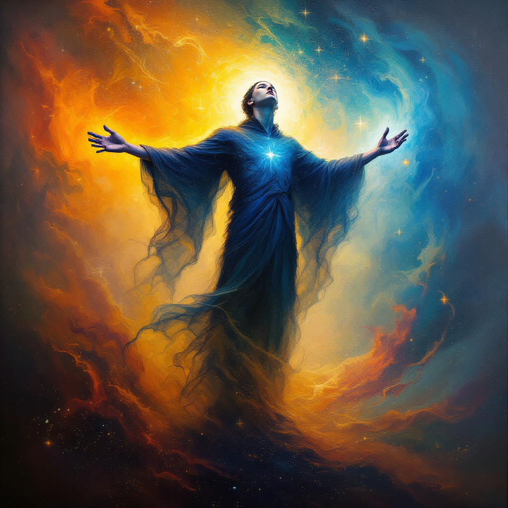 A figure in a flowing dark robe stands with arms raised, surrounded by vibrant swirls of orange and blue light, embodying the search for meaning in the human experience.