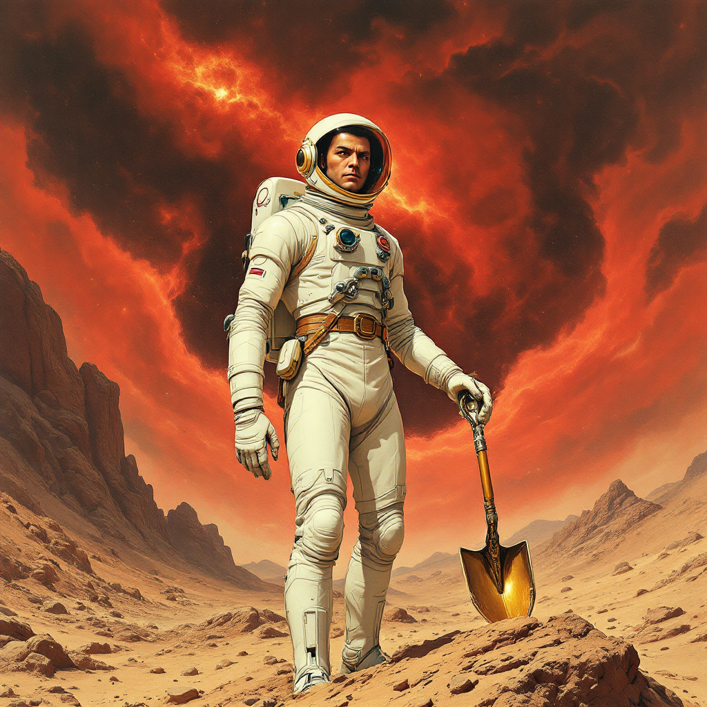 An astronaut stands on a barren landscape, holding a shovel, with a dramatic orange and black sky behind him, symbolizing the quest to uncover the happiness within every individual.