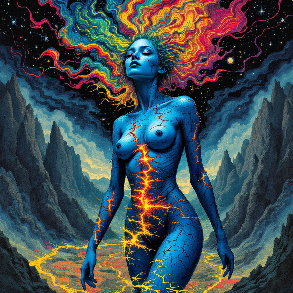 A vibrant blue figure with flowing rainbow hair stands against a dramatic landscape, embodying the quote She is not a memory, she is a map, with energy radiating from her form.