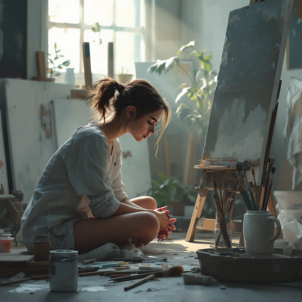 A woman sits thoughtfully on the floor of an art studio, surrounded by painting supplies, embodying the sentiment of prioritizing motherhood over an artistic career.