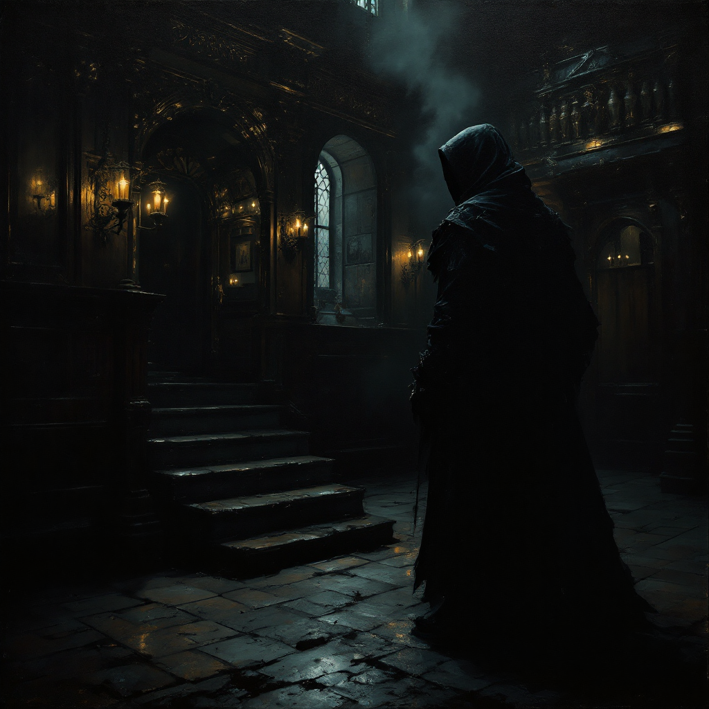 A shadowy figure in a dark, opulent room stands near grand stairs, evoking a sense of paranoia and intrigue, reflecting the quote, Just because you're paranoid doesn't mean they aren't after you.