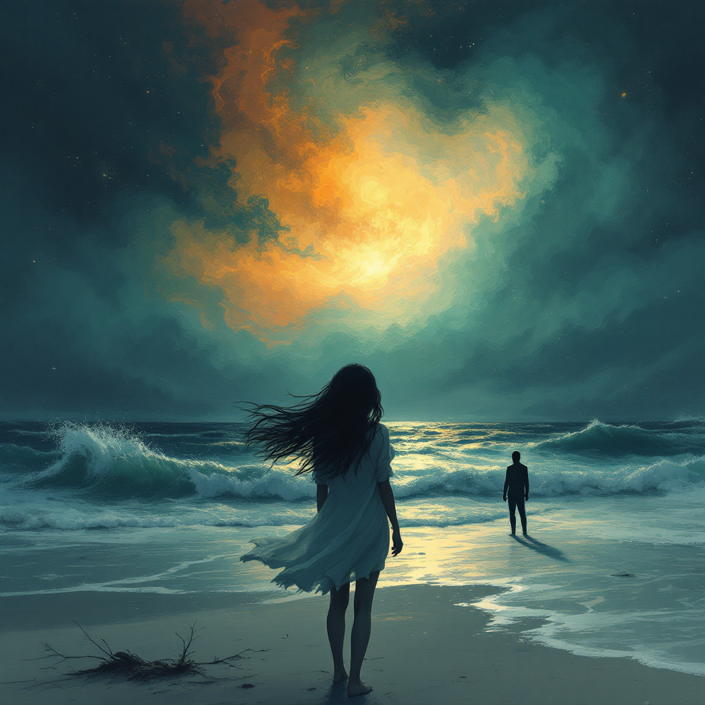 A reflective scene at a turbulent beach at sunset, with a woman in a flowing white dress gazing at a figure in the distance, embodying the trust and emotional pain explored in the quote.