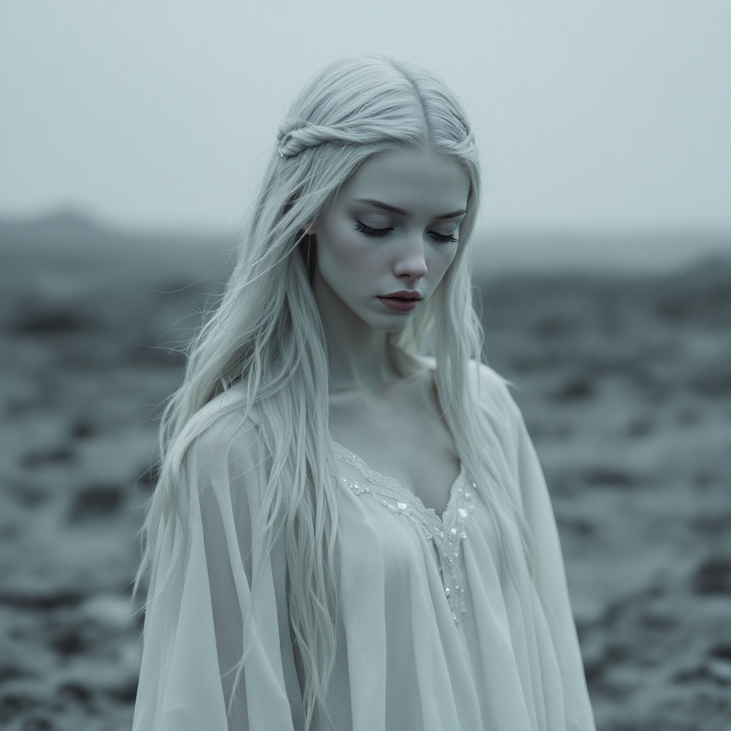 A pale, ethereal figure stands in a desolate landscape, her long white hair framing a contemplative expression, evoking themes of despair and the weight of existence.