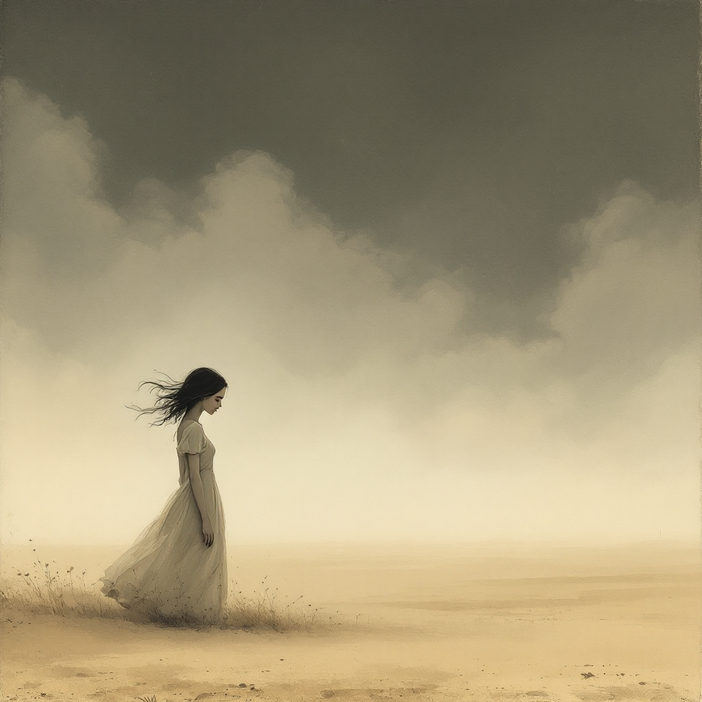 A solitary figure in a flowing dress walks through a vast, barren landscape under a moody sky, embodying the ephemeral nature of love, as suggested by the quote.