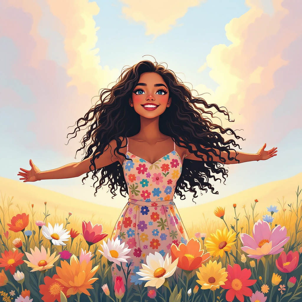 A joyful girl with curly hair stands amidst vibrant flowers, arms outstretched. The colorful scene embodies the message: It’s okay to be different. It’s okay to be who you are.