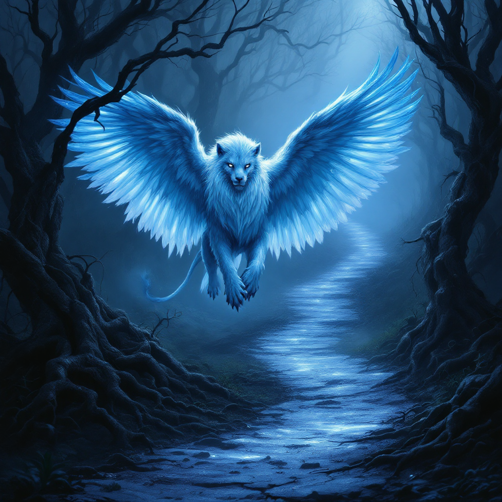 A majestic winged creature with a blue glow soars through a dark, mystical forest, symbolizing desire's unpredictable journey along a winding path.