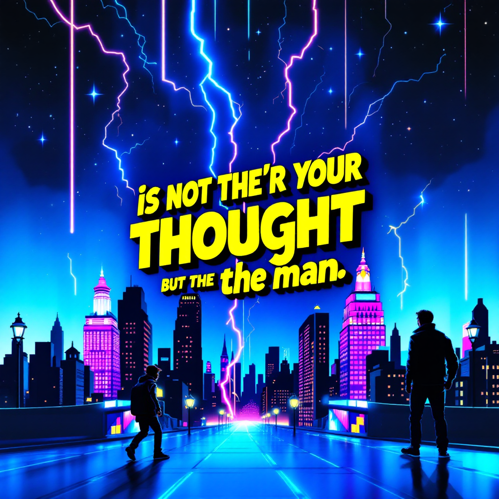 A vibrant city skyline illuminated by neon lights and dramatic lightning, featuring bold text that emphasizes the quote about the power of thought and the individual behind it.