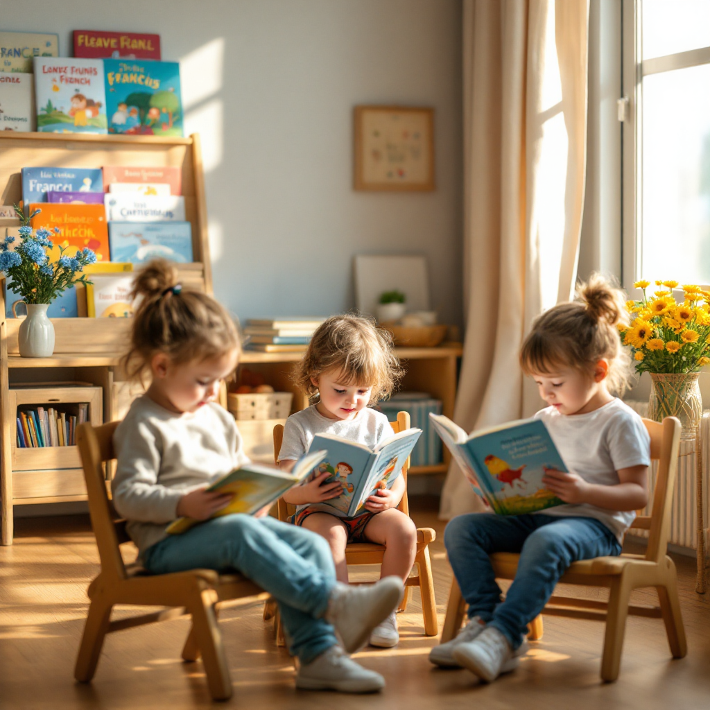 Three children sit in cozy chairs, engrossed in colorful books, surrounded by a bright room filled with plants and shelves of stories, embodying the importance of seeking solutions through learning.