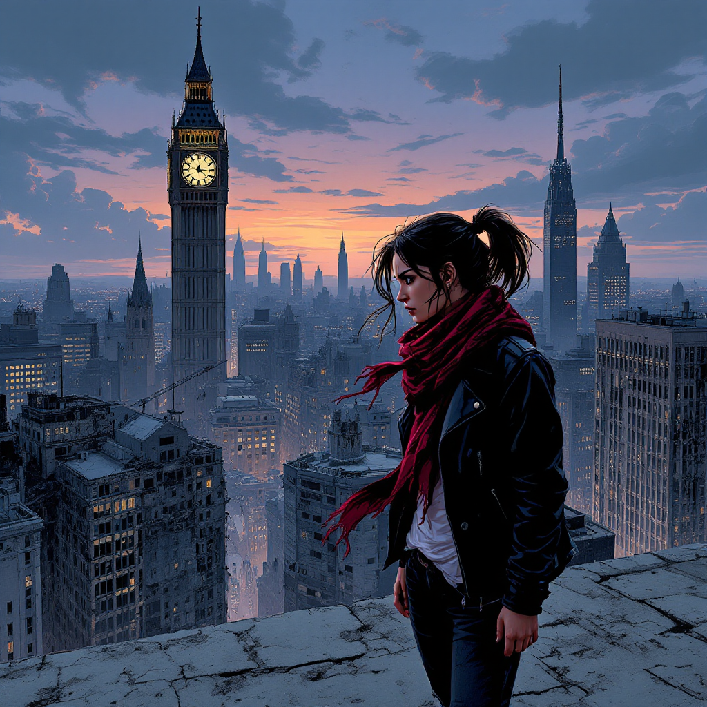 A contemplative young woman stands on a rooftop, gazing over a city skyline at sunset, embodying the complexity of human experience beyond heroes and villains.