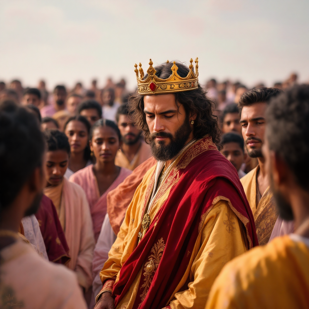 A crowned king stands introspectively among a diverse crowd, embodying the quote, Every king is but a servant to the people who follow him, reflecting on his role and responsibilities.