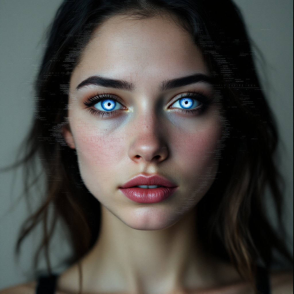 A close-up portrait of a young woman with striking blue eyes and natural makeup, embodying the essence of inner authenticity and emotional depth.